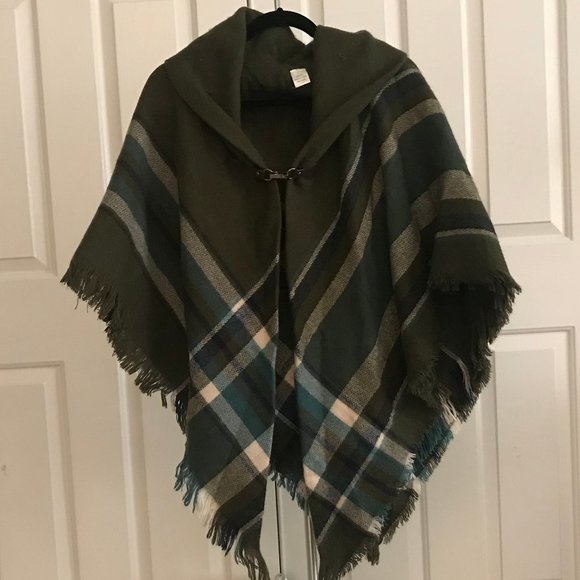 No Brand Sweaters - Green Teal Plaid Fringed Cowl Neck Poncho Shawl